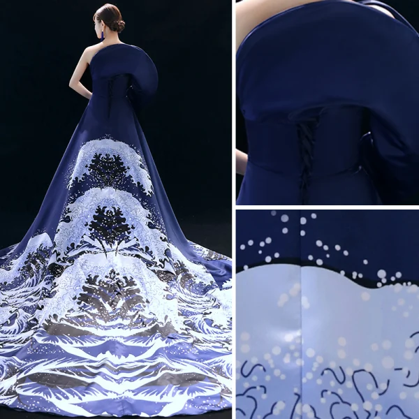 Vintage / Retro Chinese style Navy Blue Evening Dresses  2019 A-Line / Princess One-Shoulder Printing Long Sleeve Chapel Train Formal Dresses