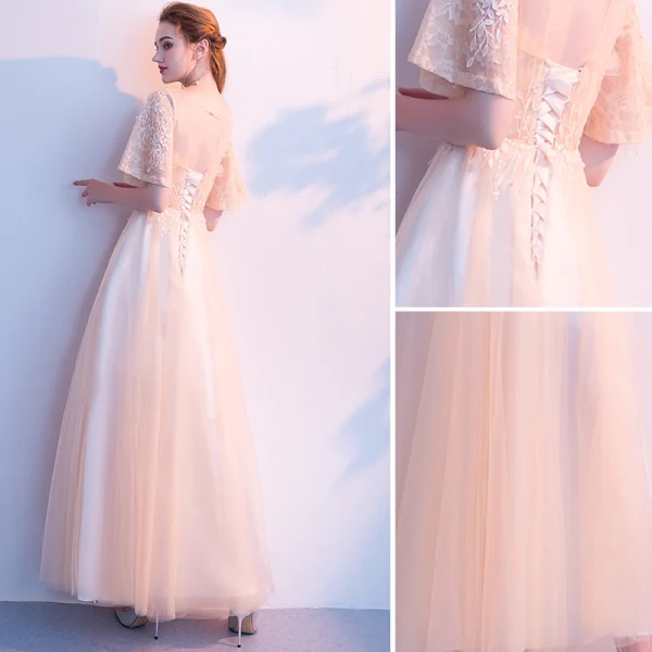 Élégant Champagne Robe De Soirée 2019 Princesse Encolure Dégagée En Dentelle Fleur Manches Courtes Dos Nu Longue Robe De Ceremonie