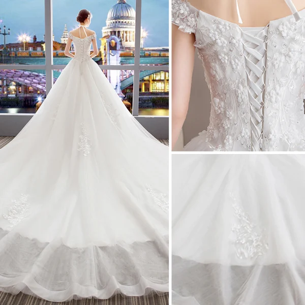 Schöne Ivory / Creme Brautkleider / Hochzeitskleider 2019 A Linie Neckholder Perlenstickerei Perle Pailletten Applikationen Spitze Blumen Kurze Ärmel Rückenfreies Kathedrale Schleppe