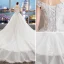 Schöne Ivory / Creme Brautkleider / Hochzeitskleider 2019 A Linie Neckholder Perlenstickerei Perle Pailletten Applikationen Spitze Blumen Kurze Ärmel Rückenfreies Kathedrale Schleppe