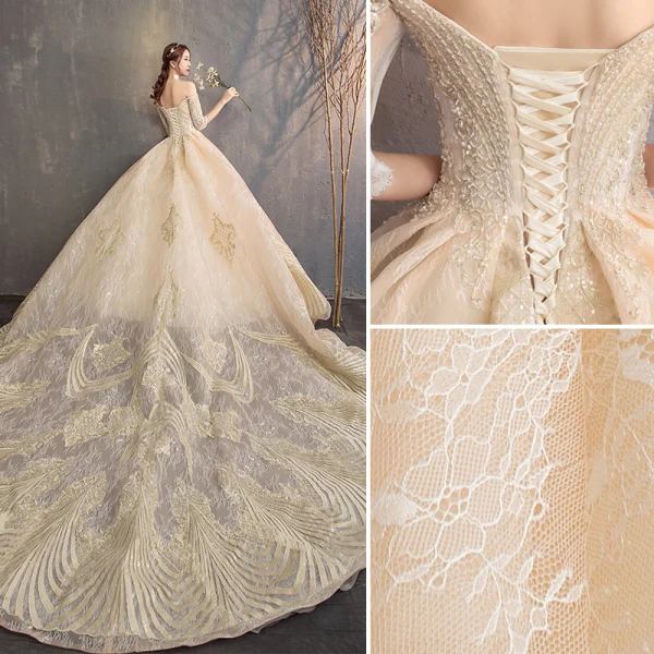 Charmant Champagne Robe De Mariée 2019 Princesse De l'épaule Perlage Cristal Perle Paillettes En Dentelle Fleur 1/2 Manches Dos Nu Cathedral Train