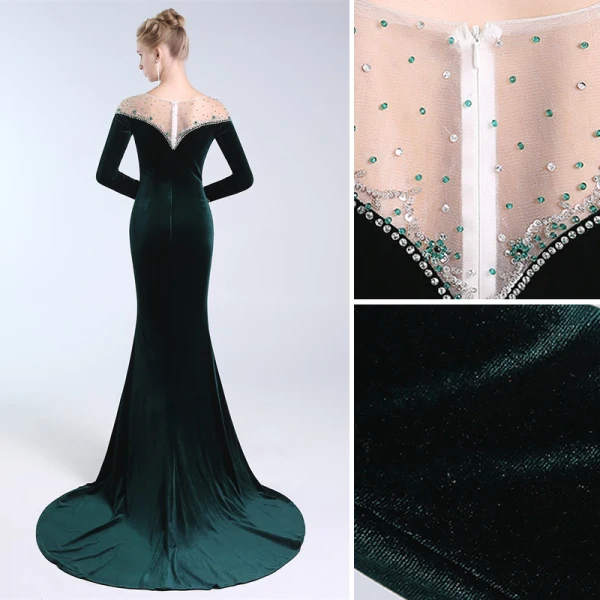 Élégant Vert Foncé Robe De Soirée 2019 Trompette / Sirène Encolure Dégagée Perlage Cristal Paillettes Manches Longues Daim Train De Balayage Robe De Ceremonie