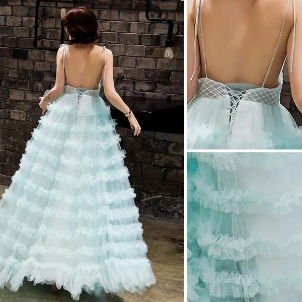 Modern / Fashion Jade Green Evening Dresses  2019 A-Line / Princess Bow Spaghetti Straps Ruffle Flower Sleeveless Backless Floor-Length / Long Formal Dresses