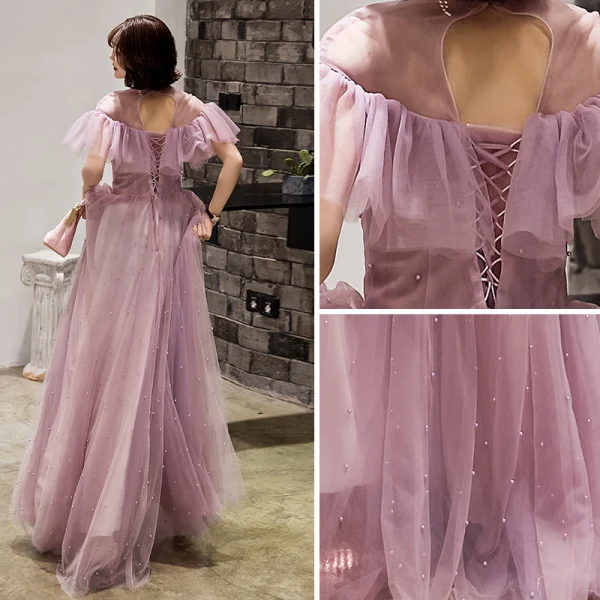 Chic / Beautiful Blushing Pink Evening Dresses  2019 A-Line / Princess Scoop Neck Pearl Short Sleeve Backless Ruffle Floor-Length / Long Formal Dresses