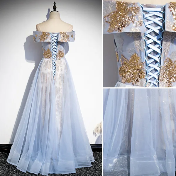 Élégant Bleu Ciel Glitter Paillettes Robe De Bal 2021 Princesse De l'épaule Manches Courtes Dos Nu Longue Robe De Ceremonie