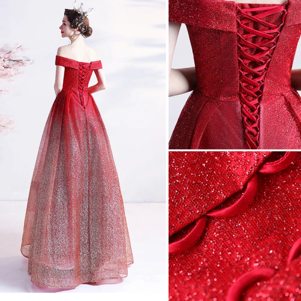 Scintillantes Sexy Dégradé De Couleur Rouge Robe De Bal 2021 Princesse De l'épaule Glitter Paillettes Sans Manches Dos Nu Longue Robe De Ceremonie