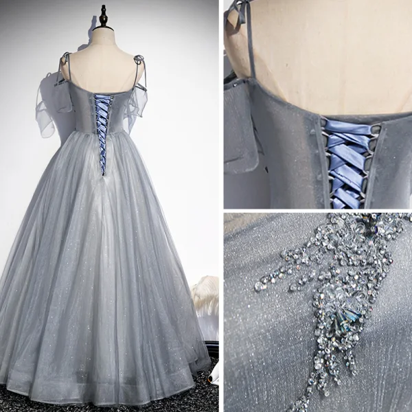 Elegant Grey Rhinestone Prom Dresses 2021 A-Line / Princess Spaghetti Straps Sleeveless Backless Floor-Length / Long Formal Dresses