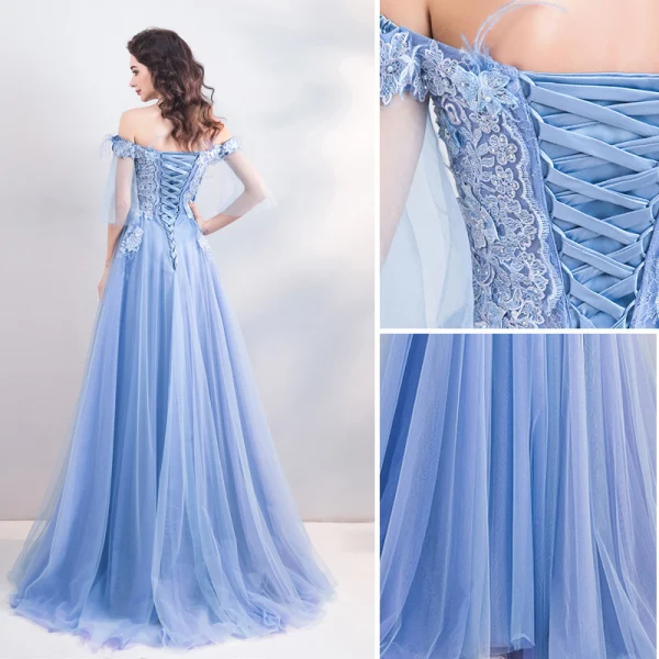 Chic / Beautiful Sky Blue Evening Dresses 2019 A-Line / Princess Off-The-Shoulder Lace Flower Pearl Rhinestone Short Sleeve Backless Floor-Length / Long Formal Dresses