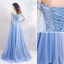 Chic / Beautiful Sky Blue Evening Dresses  2019 A-Line / Princess Off-The-Shoulder Lace Flower Pearl Rhinestone Short Sleeve Backless Floor-Length / Long Formal Dresses