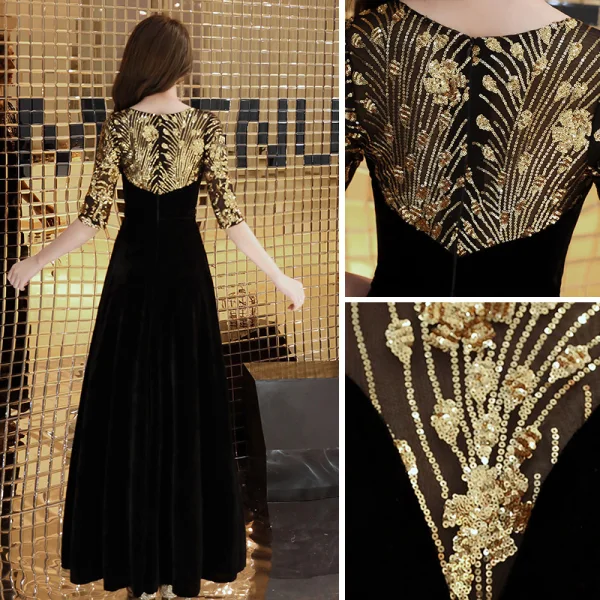Elegant Black Evening Dresses 2019 A-Line / Princess Scoop Neck Sequins Suede 1/2 Sleeves Floor-Length / Long Formal Dresses