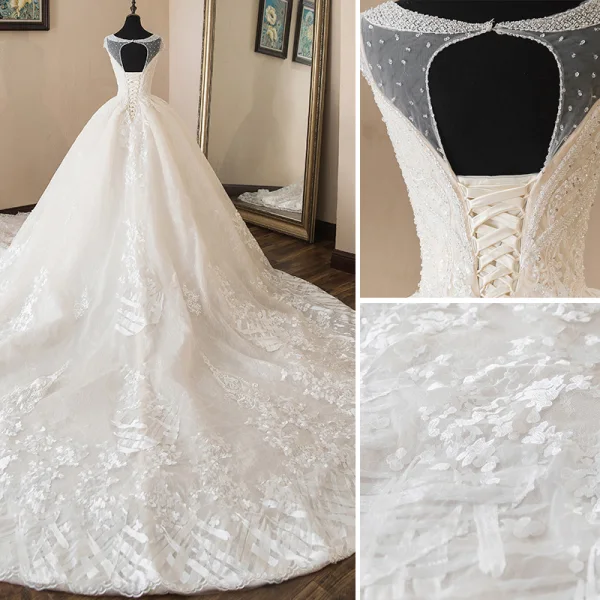 Luxury / Gorgeous Champagne Wedding Dresses 2019 A-Line / Princess Scoop Neck Beading Pearl Sequins Lace Flower Cap Sleeves Backless Cathedral Train