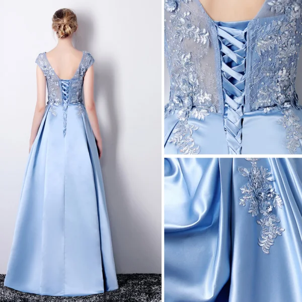 Chic / Belle Bleu Robe De Soirée 2019 Princesse Encolure Dégagée Appliques En Dentelle Fleur Faux Diamant Sans Manches Dos Nu Longue Robe De Ceremonie