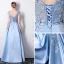 Chic / Belle Bleu Robe De Soirée 2019 Princesse Encolure Dégagée Appliques En Dentelle Fleur Faux Diamant Sans Manches Dos Nu Longue Robe De Ceremonie