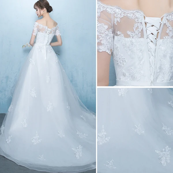 Elegant White Asymmetrical Wedding Dresses 2019 A-Line / Princess Off-The-Shoulder Sash Lace Flower Short Sleeve Backless