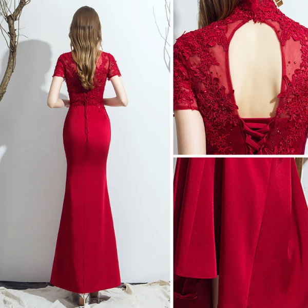Chic / Beautiful Burgundy Evening Dresses  2019 Trumpet / Mermaid High Neck Backless Crystal Rhinestone Lace Flower Short Sleeve Floor-Length / Long Formal Dresses