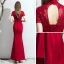 Chic / Beautiful Burgundy Evening Dresses  2019 Trumpet / Mermaid High Neck Backless Crystal Rhinestone Lace Flower Short Sleeve Floor-Length / Long Formal Dresses