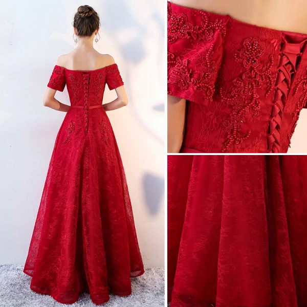 Chic / Beautiful Burgundy Evening Dresses 2019 A-Line / Princess Off-The-Shoulder Beading Crystal Lace Flower Short Sleeve Backless Floor-Length / Long Formal Dresses