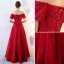 Chic / Beautiful Burgundy Evening Dresses  2019 A-Line / Princess Off-The-Shoulder Beading Crystal Lace Flower Short Sleeve Backless Floor-Length / Long Formal Dresses