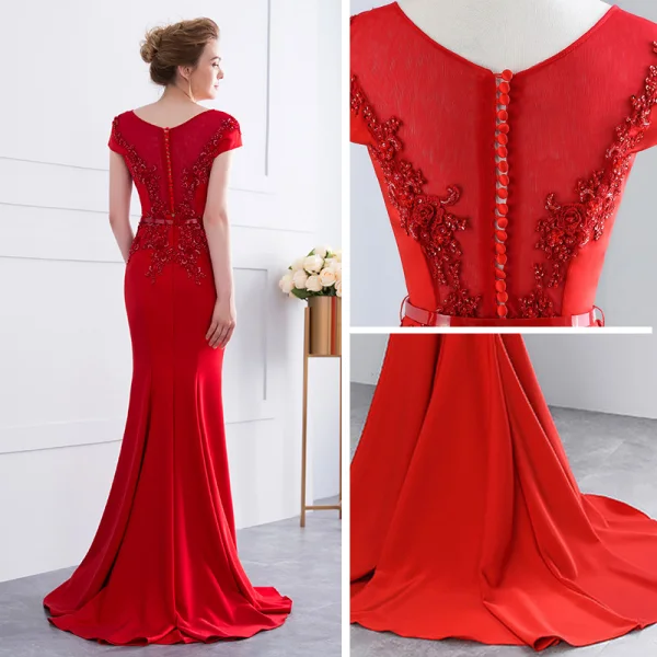 Schöne Rot Abendkleider 2018 Mermaid Perlenstickerei Pailletten Schleife Mit Spitze Blumen Rundhalsausschnitt Ärmel Sweep / Pinsel Zug Festliche Kleider
