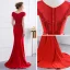 Schöne Rot Abendkleider 2018 Mermaid Perlenstickerei Pailletten Schleife Mit Spitze Blumen Rundhalsausschnitt Ärmel Sweep / Pinsel Zug Festliche Kleider