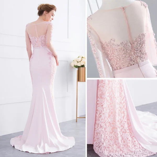 Chic / Belle Rose Bonbon Robe De Soirée 2018 Trompette / Sirène Dentelle Fleur Perlage Noeud Encolure Dégagée 1/2 Manches Dos Nu Train De Balayage Robe De Ceremonie