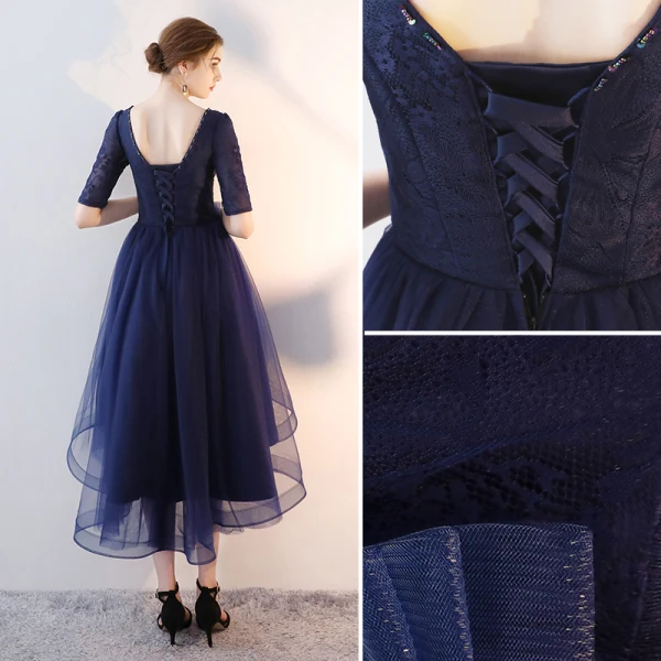 Chic / Beautiful Navy Blue Cocktail Dresses A-Line / Princess Scoop Neck Beading Sequins Bow 1/2 Sleeves Backless Asymmetrical Formal Dresses