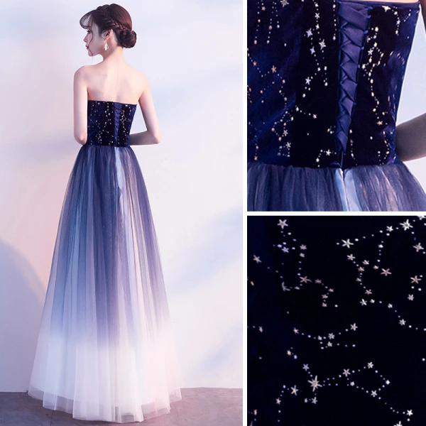 Charming Navy Blue Prom Dresses A-Line / Princess 2019 Strapless Suede Star Sleeveless Backless Floor-Length / Long Formal Dresses
