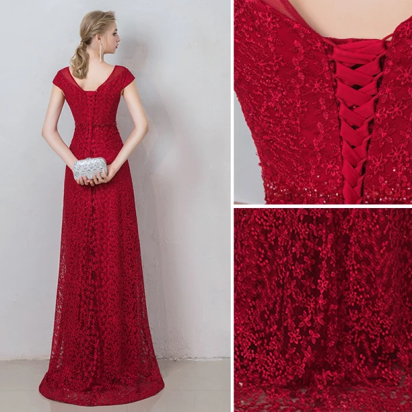 Chic / Beautiful Burgundy Evening Dresses 2019 A-Line / Princess Scoop Neck Crystal Lace Flower Short Sleeve Backless Floor-Length / Long Formal Dresses