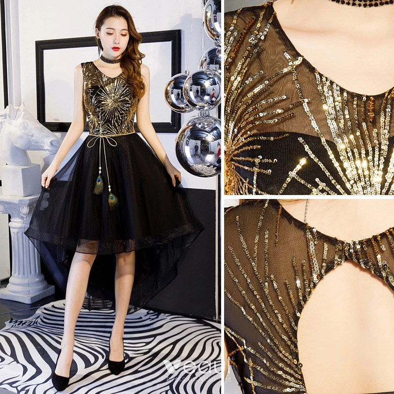 Charming Gold Black Cocktail Dresses 2019 A Line Princess Off