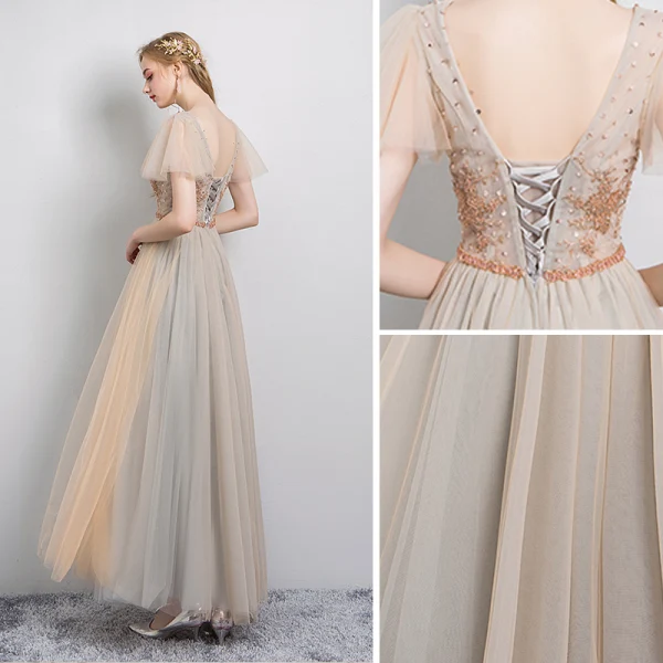 Élégant Champagne Robe De Soirée 2019 Princesse V-Cou Perlage Cristal Paillettes Manches Courtes Dos Nu Longue Robe De Ceremonie
