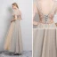 Élégant Champagne Robe De Soirée 2019 Princesse V-Cou Perlage Cristal Paillettes Manches Courtes Dos Nu Longue Robe De Ceremonie