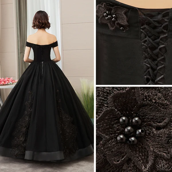 Elegant Black Quinceañera Prom Dresses 2019 A-Line / Princess Off-The-Shoulder Pearl Lace Flower Short Sleeve Backless Floor-Length / Long Formal Dresses