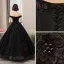 Elegant Black Quinceañera Prom Dresses 2019 A-Line / Princess Off-The-Shoulder Pearl Lace Flower Short Sleeve Backless Floor-Length / Long Formal Dresses