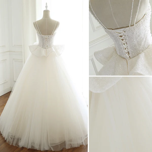 Élégant Ivoire Robe De Mariée 2019 Princesse Bretelles Spaghetti Perlage Paillettes Perle En Dentelle Fleur Sans Manches Dos Nu Longue