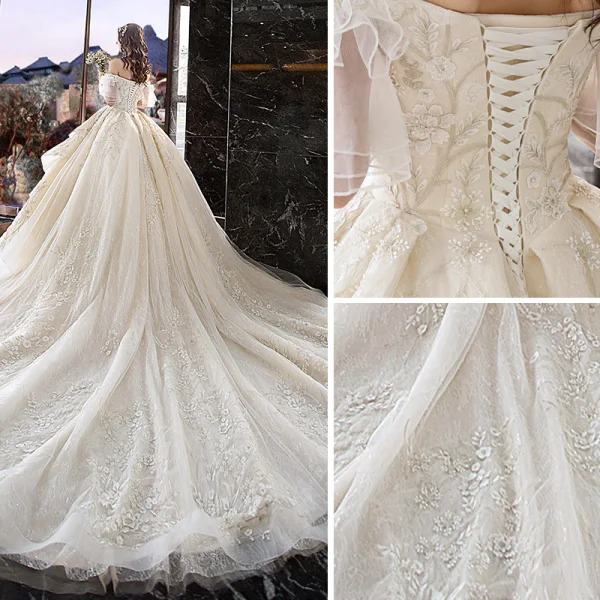 Charming Champagne Wedding Dresses 2019 A-Line / Princess Off-The-Shoulder Pearl Lace Flower Short Sleeve Backless Cascading Ruffles Cathedral Train