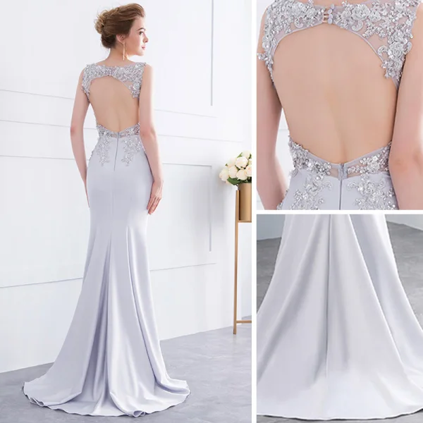 Chic / Belle Gris Fait main Perlage Robe De Soirée 2018 Trompette / Sirène Dentelle Fleur Paillettes V-Cou Dos Nu Sans Manches Train De Balayage Robe De Ceremonie