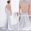 Chic / Belle Gris Fait main Perlage Robe De Soirée 2018 Trompette / Sirène Dentelle Fleur Paillettes V-Cou Dos Nu Sans Manches Train De Balayage Robe De Ceremonie