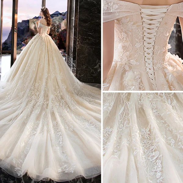 Elegant Ivory Wedding Dresses 2019 A-Line / Princess Off-The-Shoulder Beading Appliques Lace Flower Short Sleeve Backless Royal Train
