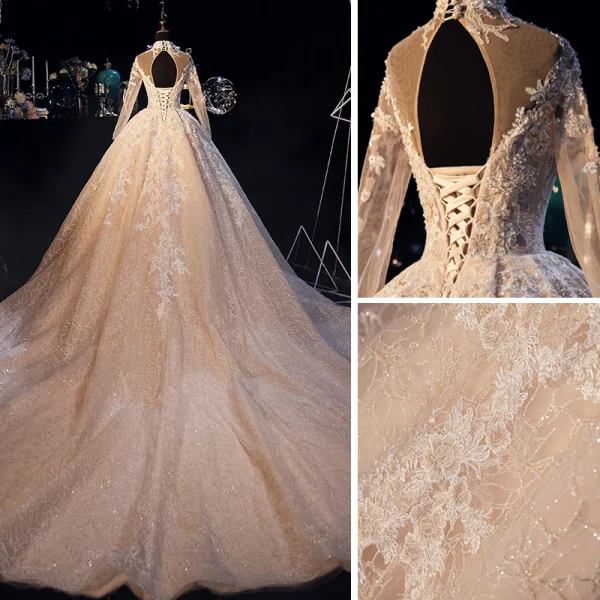 Luxury / Gorgeous Champagne Wedding Dresses 2019 A-Line / Princess High Neck Glitter Beading Lace Flower Pearl Crystal Long Sleeve Backless Royal Train