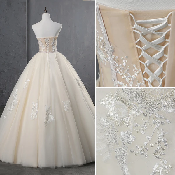 Elegant Champagne Wedding Dresses 2019 Ball Gown Strapless Lace Flower Sleeveless Backless Floor-Length / Long