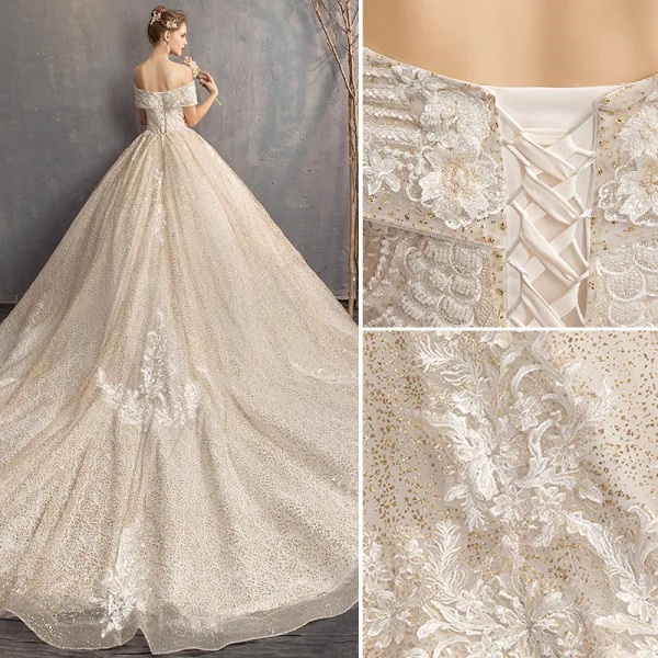 Charming Champagne Wedding Dresses 2019 Ball Gown Off-The-Shoulder Short Sleeve Backless Flower Glitter Lace Pearl Chapel Train