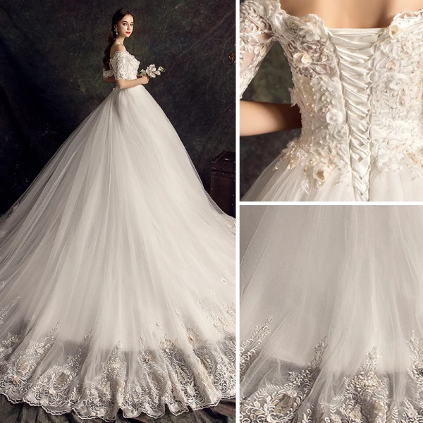 Élégant Ivoire Robe De Mariée 2019 Princesse De l'épaule Perlage Appliques Perle En Dentelle Fleur Manches Courtes Dos Nu Chapel Train