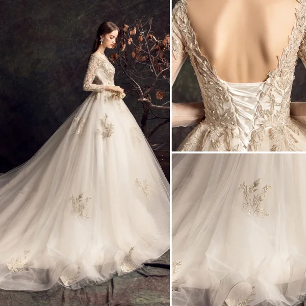 Élégant Champagne Robe De Mariée 2019 Princesse V-Cou Perlage En Dentelle Fleur Paillettes 3/4 Manches Dos Nu Cathedral Train
