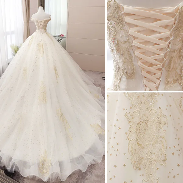 Elegant Champagne Wedding Dresses 2019 Ball Gown Off-The-Shoulder Beading Pearl Sequins Lace Flower Sleeveless Backless Chapel Train