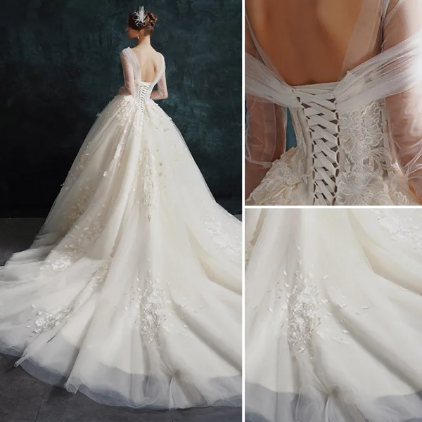 Élégant Champagne Robe De Mariée 2019 Princesse Encolure Dégagée En Dentelle Fleur Manches Longues Dos Nu Cathedral Train
