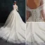 Élégant Champagne Robe De Mariée 2019 Princesse Encolure Dégagée En Dentelle Fleur Manches Longues Dos Nu Cathedral Train