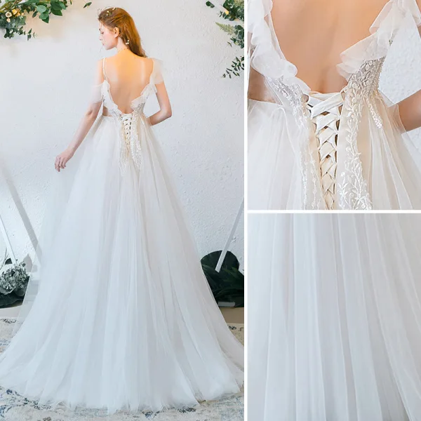 Chic / Belle Ivoire Robe De Soirée 2019 Princesse Bretelles Spaghetti Perlage En Dentelle Fleur Dos Nu Longue Robe De Ceremonie