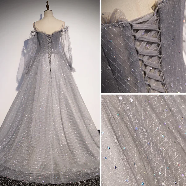 Élégant Gris Paillettes Glitter Robe De Bal Robe De Soirée 2021 Princesse Bretelles Spaghetti Manches Longues Dos Nu Train De Balayage Robe De Ceremonie