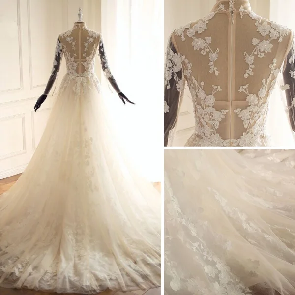 Illusion Champagne See-through Wedding Dresses 2018 A-Line / Princess Lace Appliques High Neck Long Sleeve Chapel Train Wedding