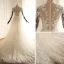 Illusion Champagne See-through Wedding Dresses 2018 A-Line / Princess Lace Appliques High Neck Long Sleeve Chapel Train Wedding